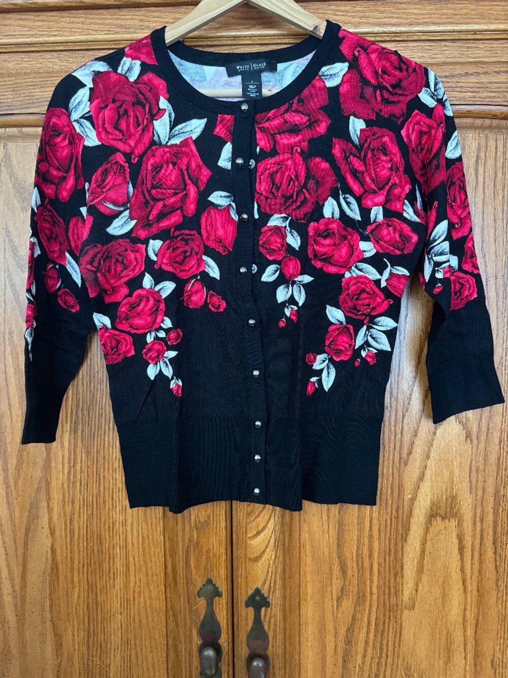 White House Black Market Black Cardigan with Red Rose Print